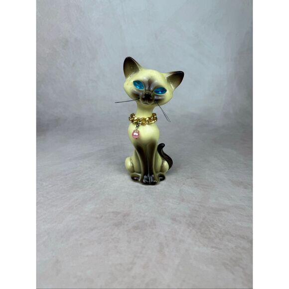 Vintage Siamese Cat Figurine 1970s Mod MCM Jeweled Eyes Ceramic Rare - Picture 1 of 8
